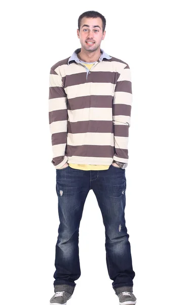 In vollem Wuch.Moderner junger Mann im trendigen Pullover und Jeans — Stockfoto