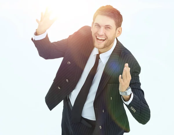 Utsikt från toppen. glad affärsman tittar på kameran — Stockfoto