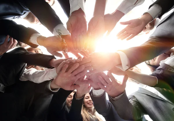 Большая бизнес-команда формирует круг и его руки сжимаются вместе — стоковое фото