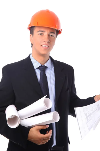 Happy young architect portrait with helmet and blueprints — Stock Photo, Image