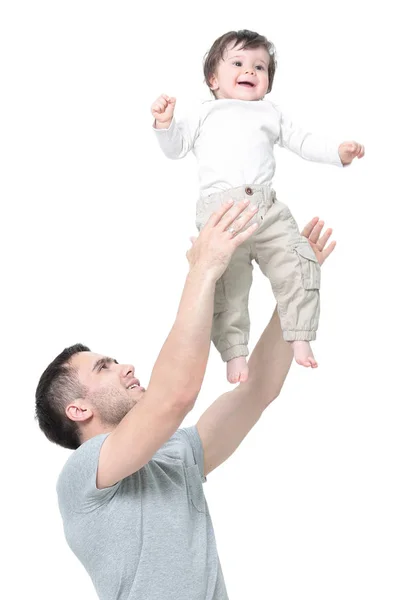 Szczęśliwy młody człowiek trzyma jego dziecko, na białym tle — Zdjęcie stockowe