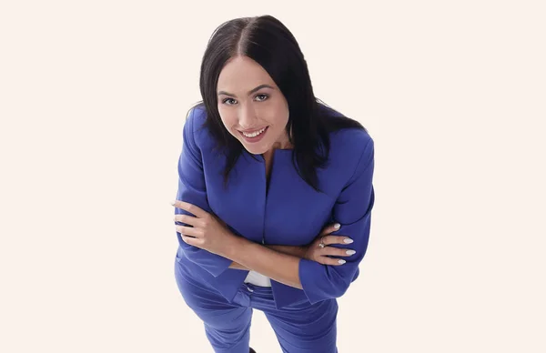 Schöne Frau im blauen Anzug lächelt auf weißem Hintergrund — Stockfoto