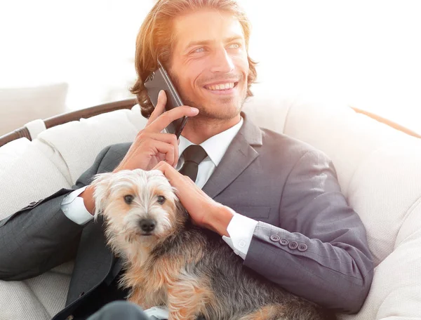 businessman holds his pet and talks on the smartphone while sitting in a comfortable chair