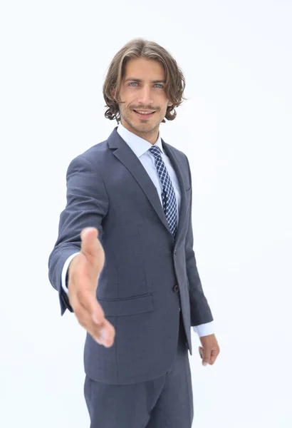 Smiling friendly businessman offers a handshake — Stock Photo, Image