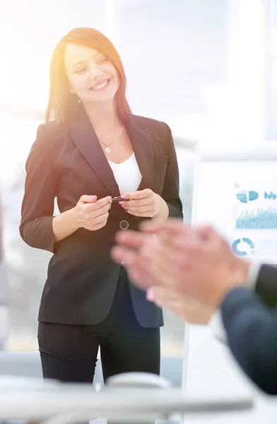 business lady makes a report on the business presentation.