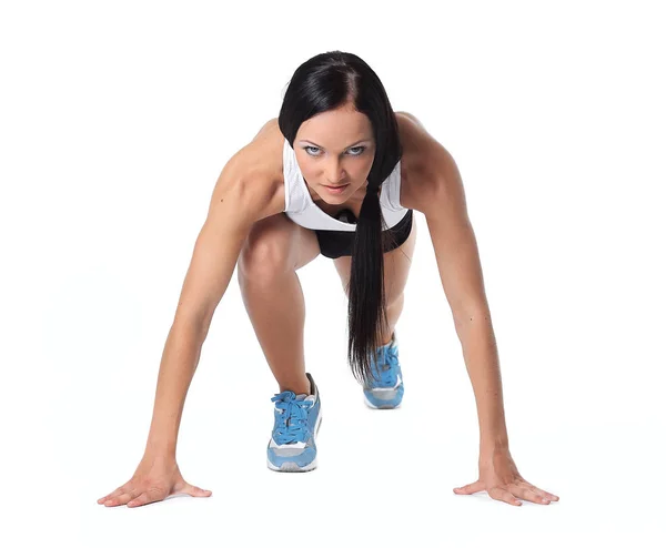 Attraktive Fitness-Frau macht Low-Start-Crossfit-Übungen — Stockfoto