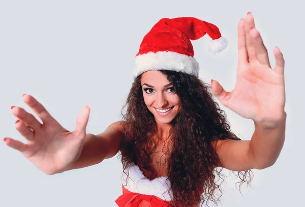 Fiatal karácsonyi nő Térkép fehér háttér — Stock Fotó