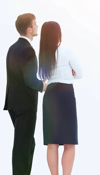 Rear view. businessman and business woman standing next to and l — Stock Photo, Image