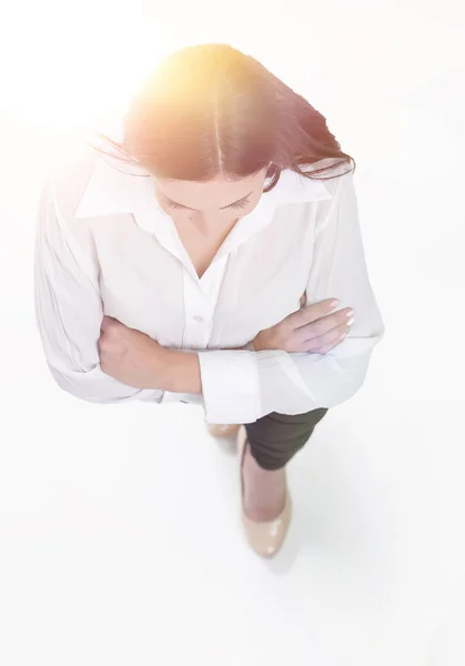 Blick von oben. Junge Unternehmerin freut sich — Stockfoto