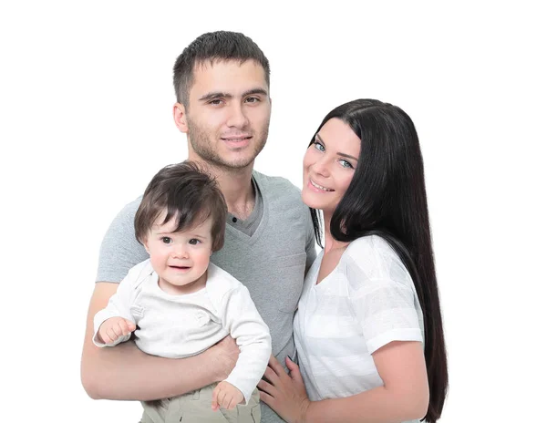Portrait de jeune famille heureuse isolée sur blanc — Photo