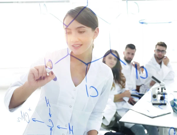 View through the transparent Board. female scientist makes a rep — Stock Photo, Image