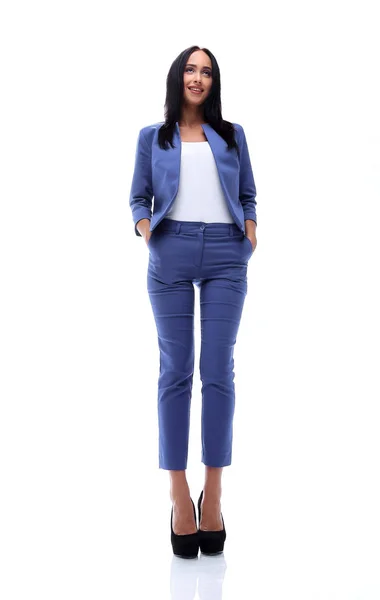 Mujer de negocios moderna sonriendo y de pie sobre blanco —  Fotos de Stock