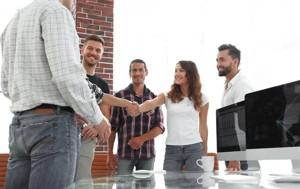 Handshake of young designers and client — Stock Photo, Image