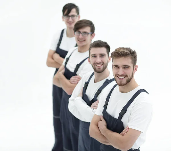 Equipe alegre de movimentadores responsáveis isolados em fundo branco — Fotografia de Stock