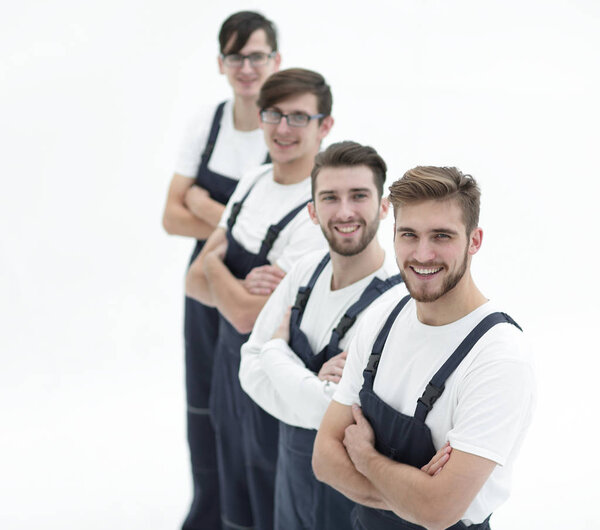 Cheerful team of responsible movers isolated on white background