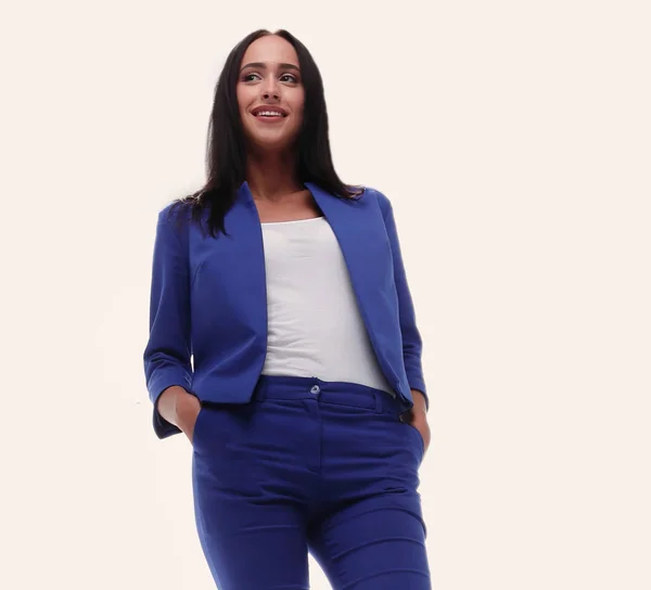 Moderne Geschäftsfrau lächelt und steht über Weiß — Stockfoto
