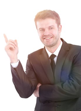 kopya alanı işaret eden işadamı gülümseyen.