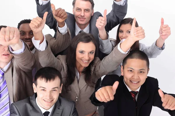 Equipe de negócios multicultural com polegares para cima — Fotografia de Stock