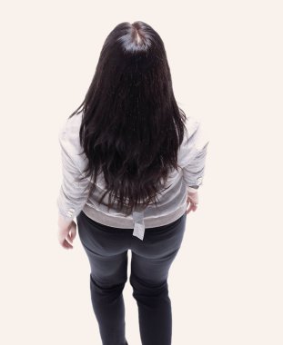 Modern kadın ileri hareket ediyor. Tam büyüme. Yukarıdan görüntülemek.