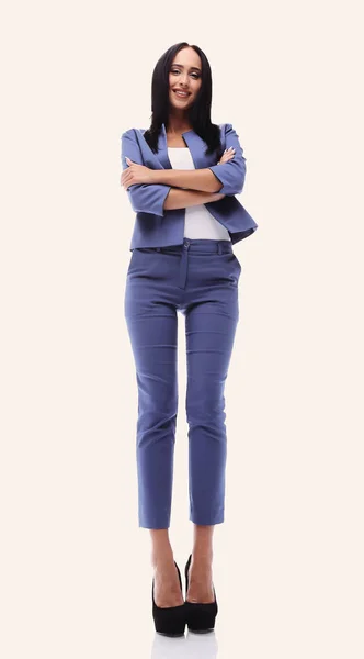 Mulher de negócios moderna sorrindo e de pé sobre um backgrou branco — Fotografia de Stock