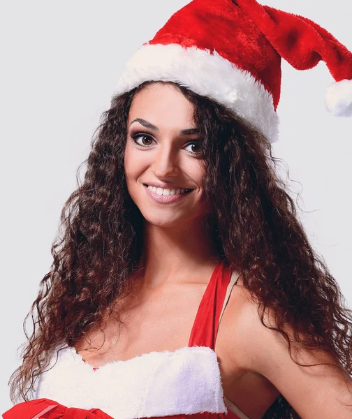 Glückliche Frau im Weihnachtsmann-Kostüm — Stockfoto
