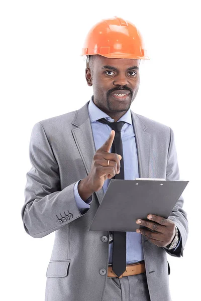 Afro-Amerikaanse ingenieur een witte achtergrond — Stockfoto