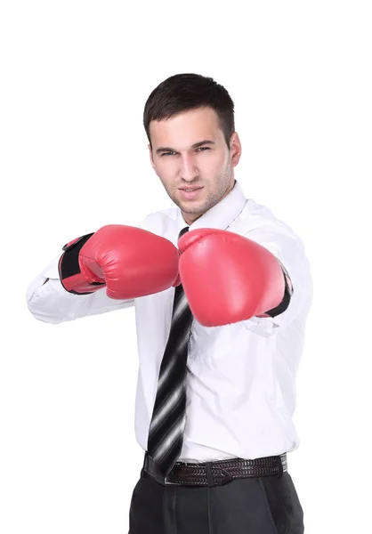 Hombre de negocios con guantes de boxeo está listo para la batalla corporativa . —  Fotos de Stock