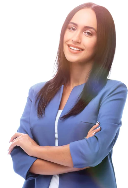 Πορτρέτο της νεαρής ευτυχούς χαμογελαστή επιχειρηματίας, απομονωμένη σε λευκό — Φωτογραφία Αρχείου