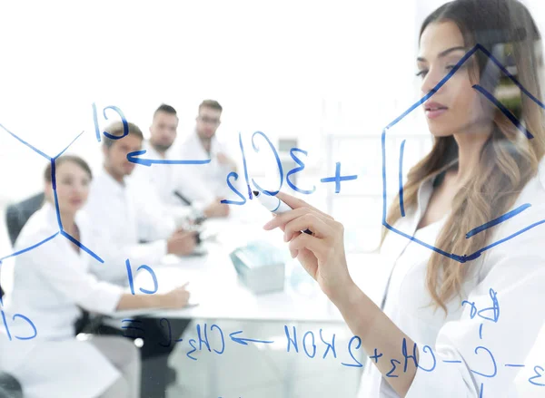 Female scientist makes a report to colleagues — Stock Photo, Image