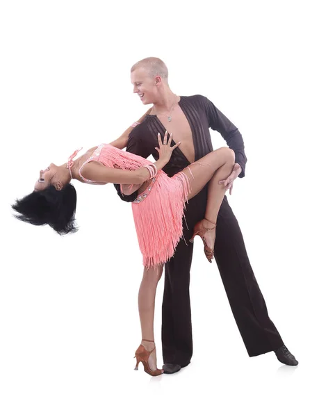 Belo casal dançando dança de salão isolado no branco — Fotografia de Stock