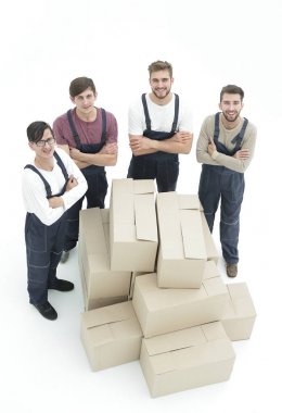 Taşıma kutuları, beyaz adam izole mutlu gülümseyen nakliyeciler