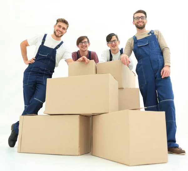 Men with stacked boxes isolated on white. — Stock Photo, Image