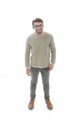 ciddi bir genç adam portresi. Fotoğrafta tam uzunlukta