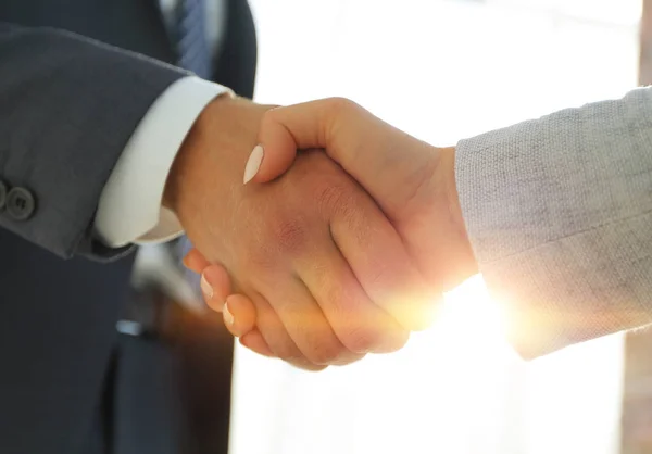 Glada leende affärsman handskakning partner vid möte, — Stockfoto