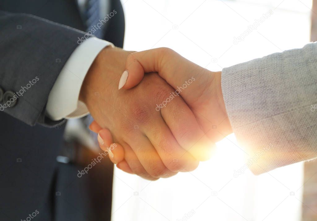 Excited smiling businessman handshaking partner at meeting,