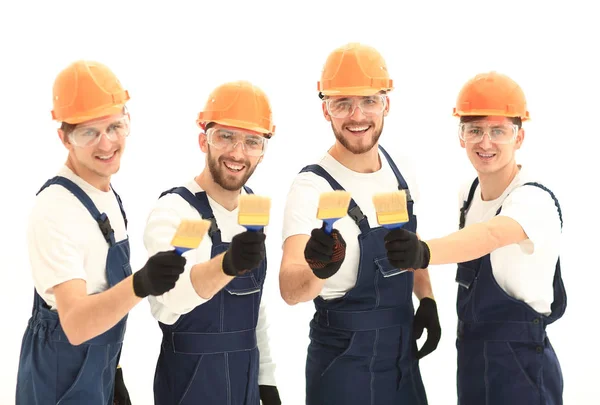 Closeup.portrait da equipe de trabalhadores da construção civil — Fotografia de Stock