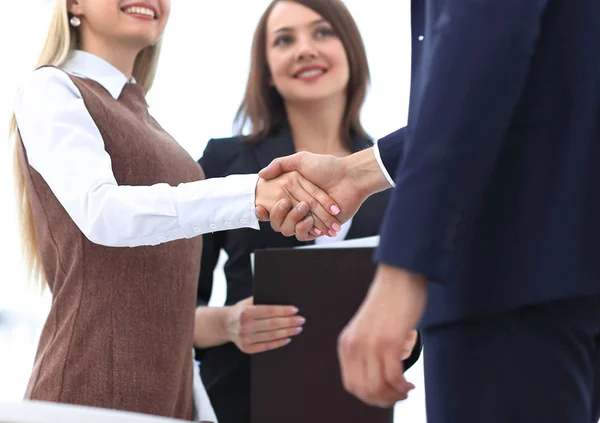 Geschäftskollegen beim Händeschütteln nach erfolgreicher Präsentation. — Stockfoto