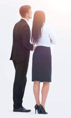 arka görüş. yanında duran ve ileriye dönük iş adamı ve iş kadın.