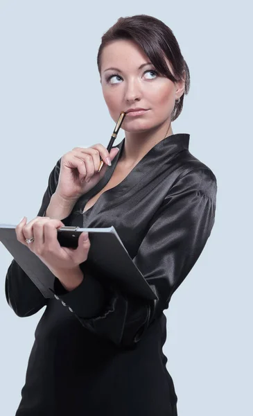 Erfolgreiche Geschäftsfrau macht sich Notizen, posiert gegen Weiß — Stockfoto