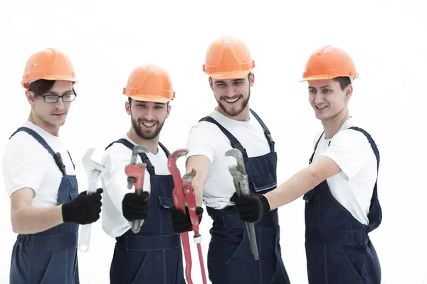 Group of plumbers with working tools — Stock Photo, Image
