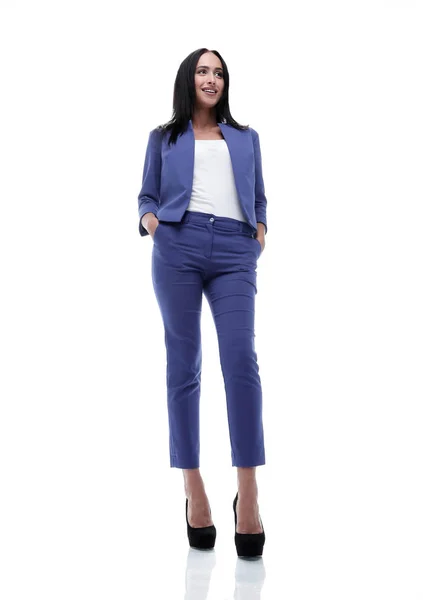 Moderna donna d'affari sorridente e in piedi sopra bianco — Foto Stock