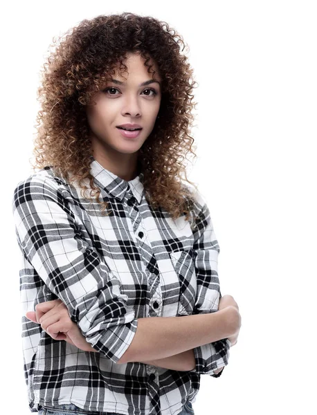 Jovem mulher confiante em camisa xadrez — Fotografia de Stock