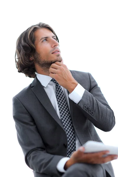 Hombre de negocios moderno con tableta mirando espacio de copia —  Fotos de Stock
