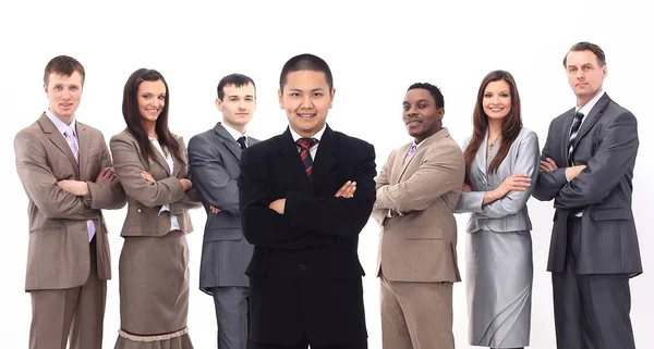 Uomo d'affari in piedi di fronte al suo team di lavoro — Foto Stock