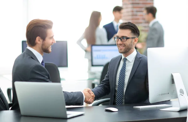 Successful managers shaking hands after closing deal in office — Stock Photo, Image