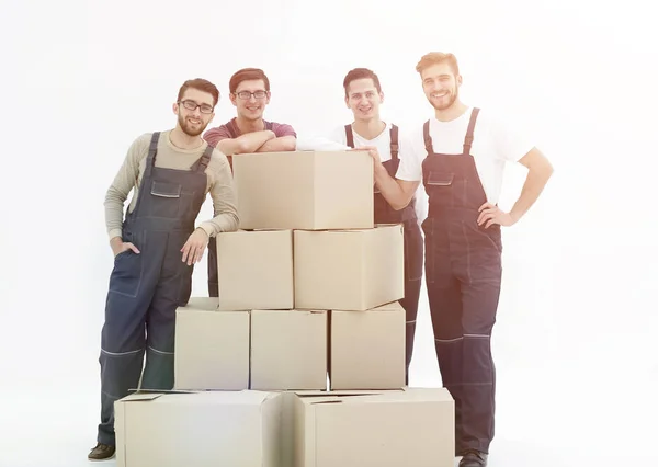 Εργαζόμενοι παραδώσει κουτιά, απομονωμένες, λευκό φόντο — Φωτογραφία Αρχείου