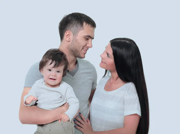 Retrato de família jovem feliz isolado em branco — Fotografia de Stock