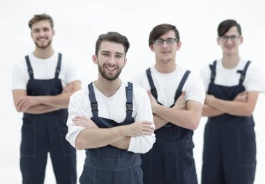 Sorumlu movers ve gülümseyen liderleri mutlu takım.