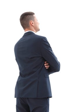 Geri bakış. Çantası olan kendine güvenen bir iş adamı.