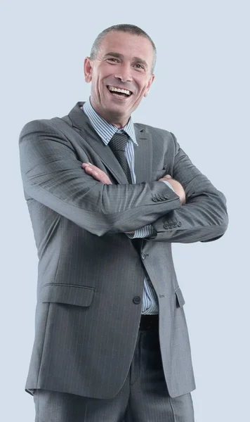 Portret van een volwassen lachende zakenman geïsoleerd op wit. — Stockfoto